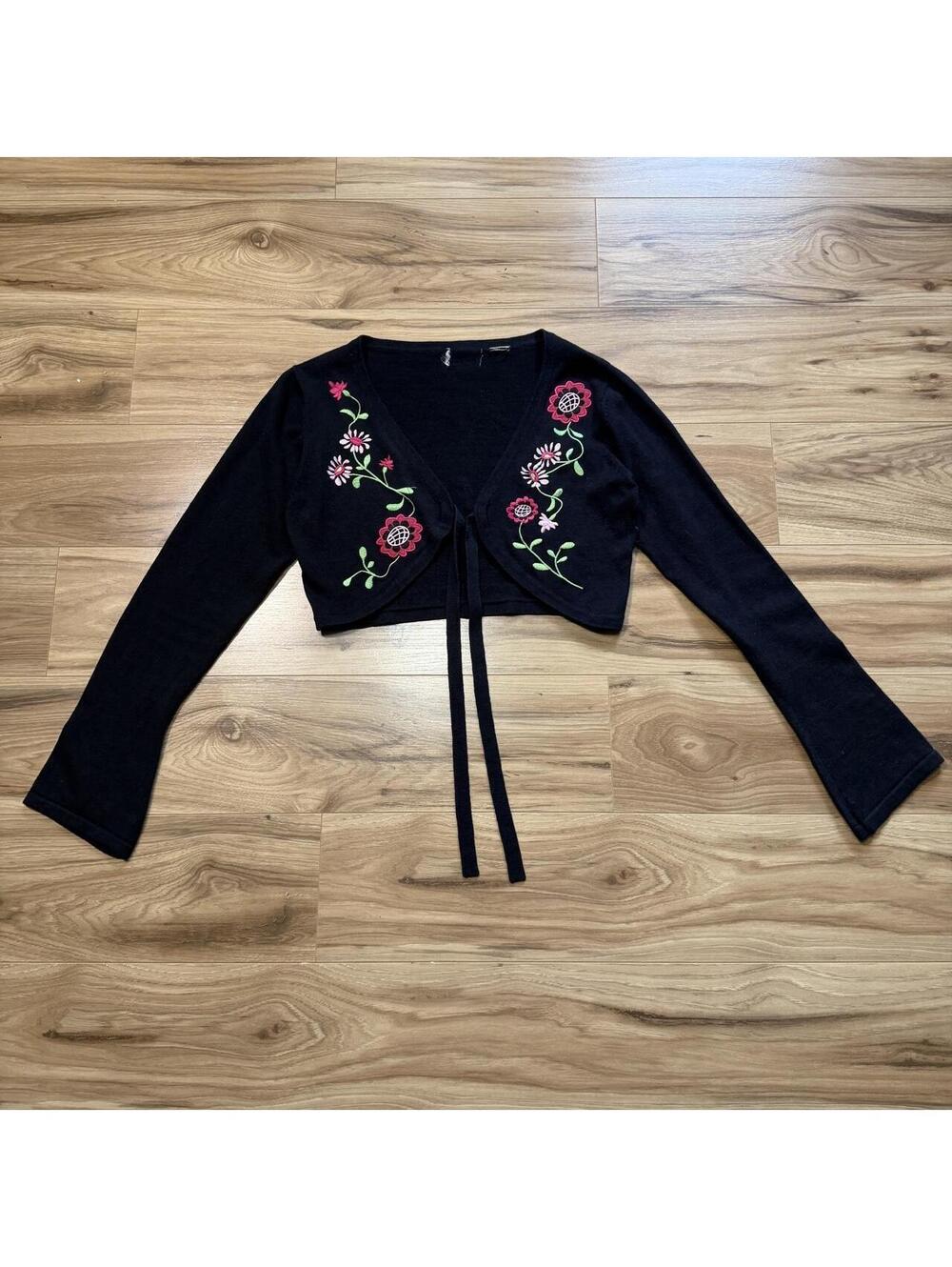 Navy Embroidered Floral Tie Front Bolero Bell Sleeve Y2K